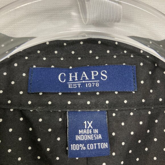 Chaps size 1X Black White Polka Dot 3/4 Sleeve Button Down Cotton Preppy Office - Picture 2 of 9